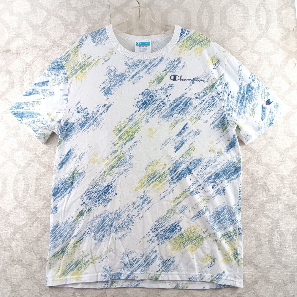 Champion Brushstroke T Shirt Mens Medium White Blue Green Casual Tee